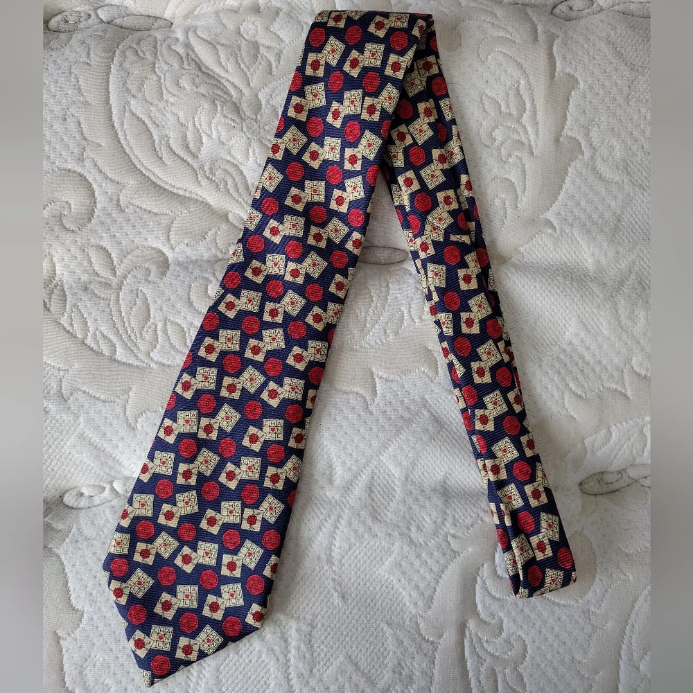 Silk Chanel Blue, Red, and Tan Tie EUC